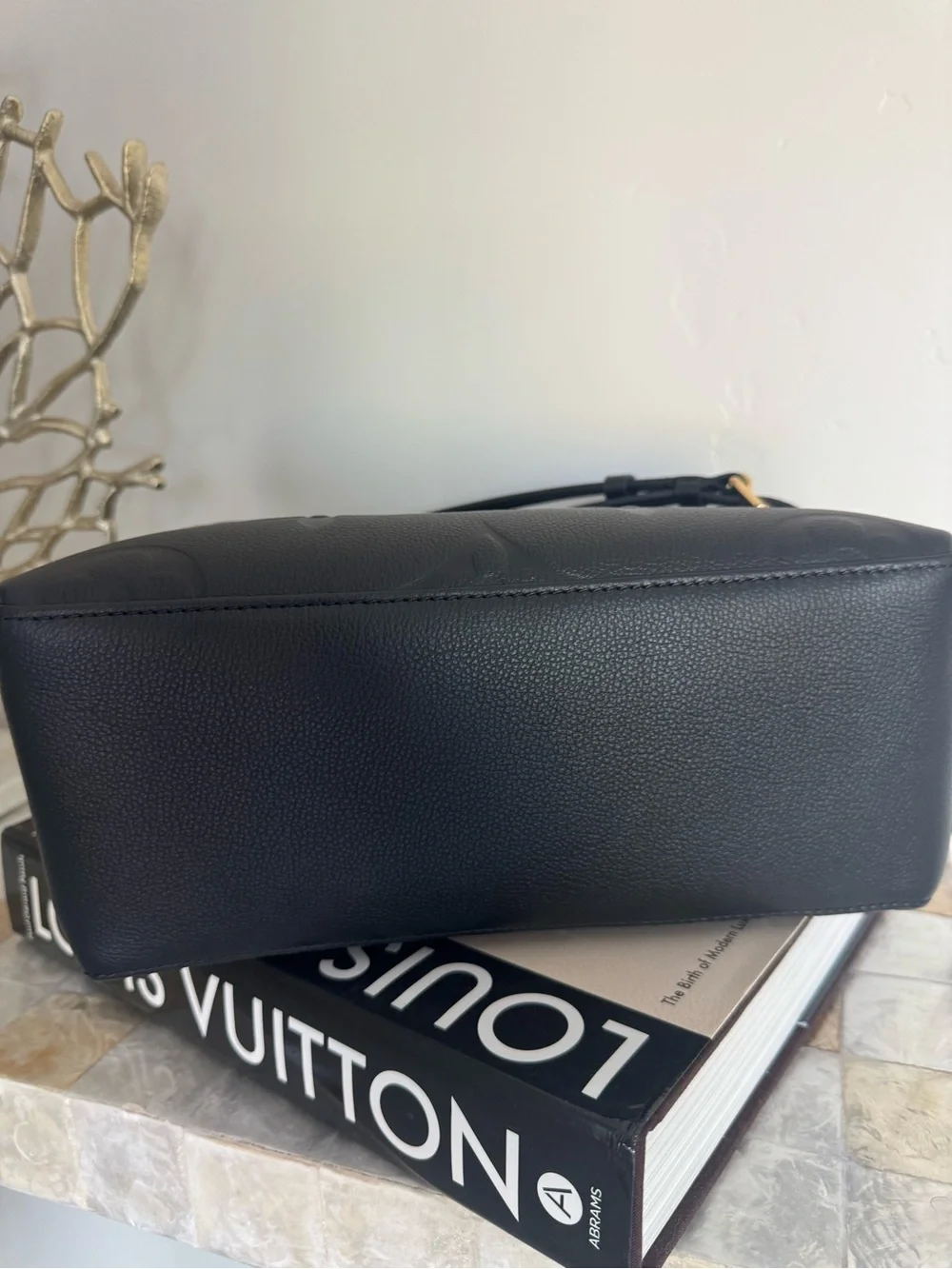 Louis Vuitton Black Embossed Monogram Satchel with Gold Hardware